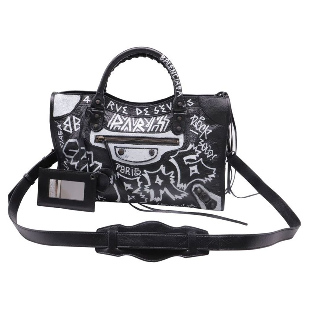 Balenciaga Medium City Graffiti Tote Bag in Black Lamb Leather